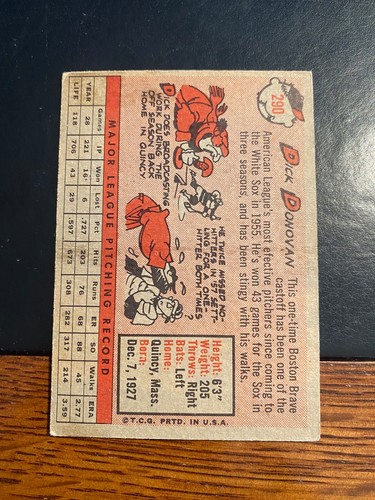 1958 TOPPS BASEBALL #290 DICK DONOVAN!! $1 SHIPPING!! - Imagen 2 de 2