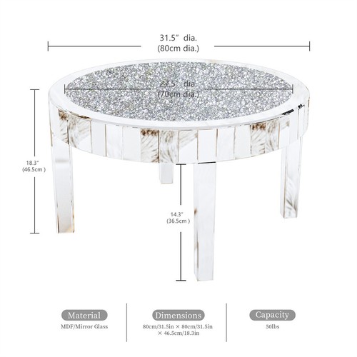 Glam Mirrored Coffee Table Round Silver Accent Table w/ Dazzling Diamonds Inlay - Picture 11 of 13