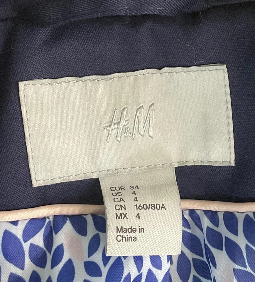 H&M Womens Navy Blue Trench Coat With Printed Lining Size 4 - Image 2 of 3