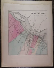Old 1871 Atlas Map ~ CITY of NEWBURYPORT, MASSACHUSETTS / HAVERHILL on Reverse