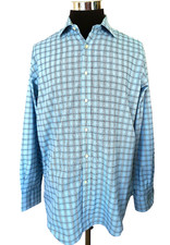 Jack Stone by Thomas Dean Dress Shirt Men's Size Large Blue Plaid Long Sleeves