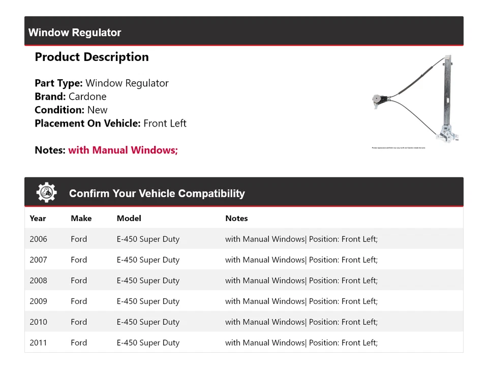 Регулятор переднего левого окна Cardone 2007 для 2006-2011 Ford E-450 Super Duty - Изображение 2 из 4