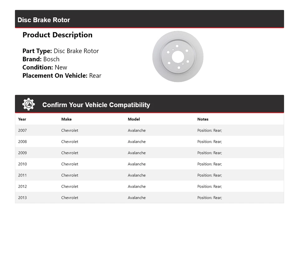 Rotor de freno de disco trasero QuietCast 2008 para Chevrolet Avalanche Bosch 2007-2013 Foto 2 de 4