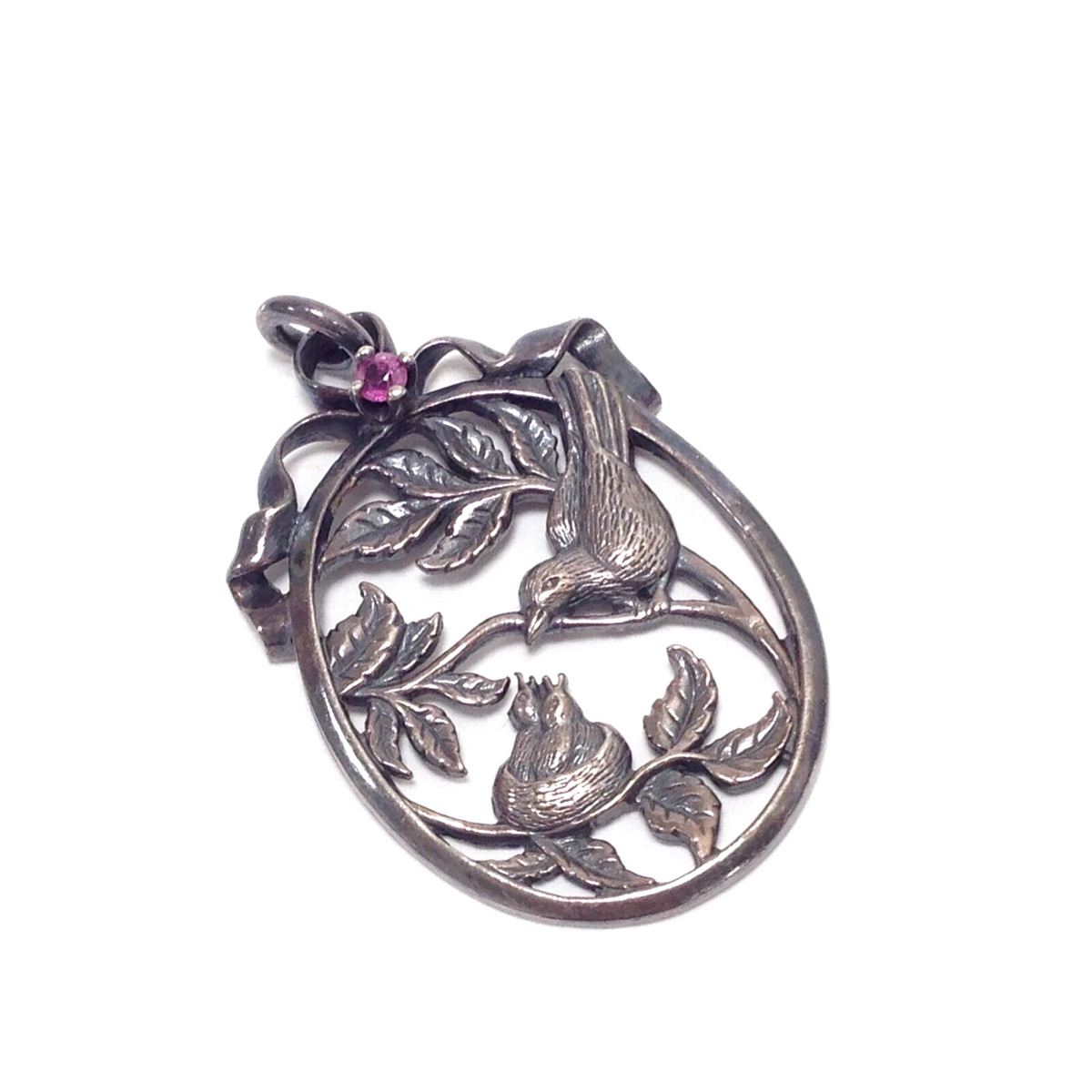 Franklin Mint FM 84 Sterling Silver Mother Bird Feeding Chicks Ruby Gem Pendant