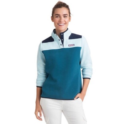 Vineyard Vines Women's Size Small Color Block Fleece Snap Shep Shirt Teal Blue