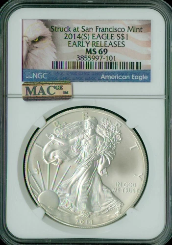 2014 (S) SILVER EAGLE 1 OZ $1 NGC MS69  ER 2ND FINEST REGISTRY MAC SPOTLESS*