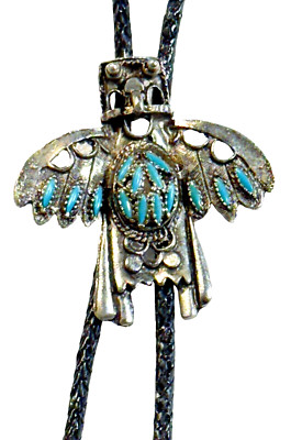 Pewter Kachina Bird Man Bolo Tie - Turquoise Accents - Black Faux Leather 