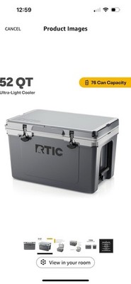 RTIC 52 QT Ultra-Light Hard-Sided Ice Chest Cooler, Fits 76 Cans, Dark Grey -NEW