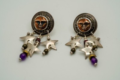 Vintage Tabra 14k Posts Sterling Silver Moon Stars Dangle Earrings 39mm JB45