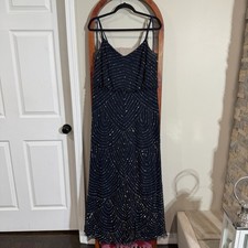 Adrianna Papell Navy Blue Beaded Maxi Dress Spaghetti Strap Formal Gown