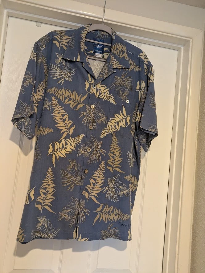Vintage Silk Hawaiian Shirt Mens M Wyland Signature Fish Tropical Aftco