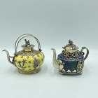Cloisonne & Porcelain Tibetian Small 2 Teapots with Silver-Tone Overlay Designs