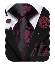  Mens Tie Set Silk Striped Woven Necktie with Lapel Pin Pocket Black and Red