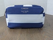 NEW Clinique Kate Spade Makeup Cosmetic Bag Zipper Pouch Blue White Stripe Logo