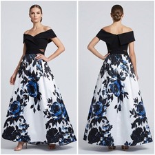 Xscape Womens Floral Off-The-Shoulder Evening Gown Black Blue White Size 8 2308X