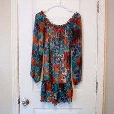 S American Rag Cie Boho Peasant Ruffle Tier Floral Jewel Tone Red Mini Dress