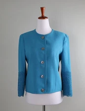 CARLISLE $575 Solid Blue Crepe Embroidered Lace Cuff Lined Jacket Top Size 2