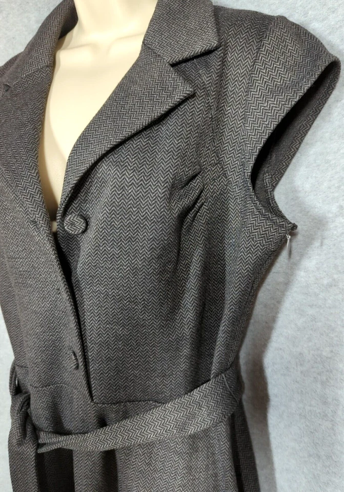 Vestido Midi Calvin Klein 12 Cinza Espinha de Arenque Auto Amarrar Botão Sem Mangas Dinheiro Antigo - Imagem 3 de 4