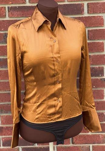NWOT Moda International Bodysuit Silk Button Down Shirt XS Rust Long sleeve - Picture 10 of 13