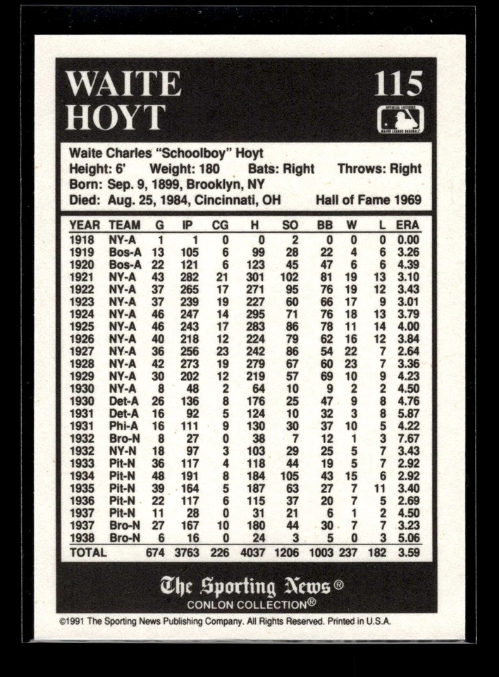 1991 The Sporting News Conlon Collection #115 Waite Hoyt '27NY (NM)(BAS) - Image 2 of 2