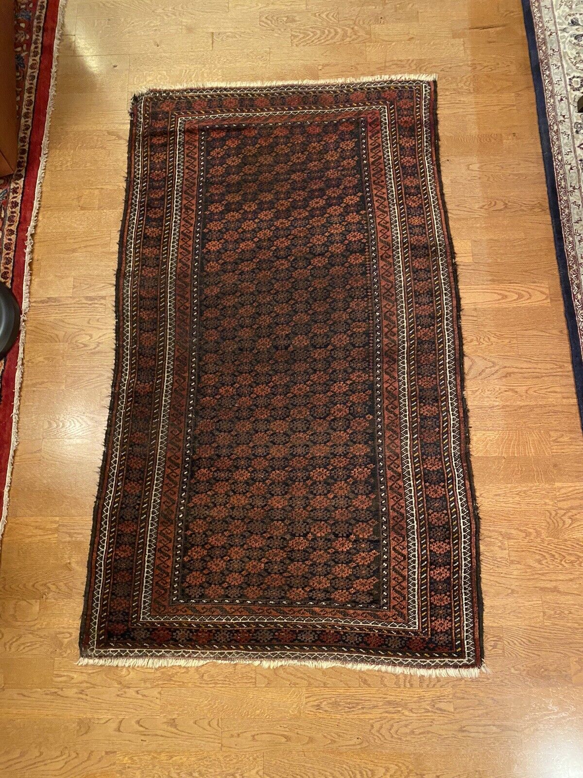 Antique Afghan Baluchii rug, circa 1880, Deep Red, Navy & Umber. Soft, Flexible