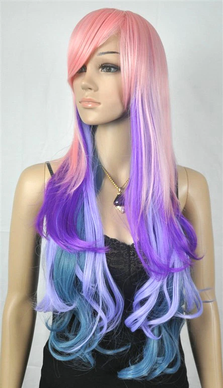 Peluca de pelo larga rosa mezcla púrpura azul recto ondulado mujer dama disfraces fiesta + gorra Foto 3 de 4