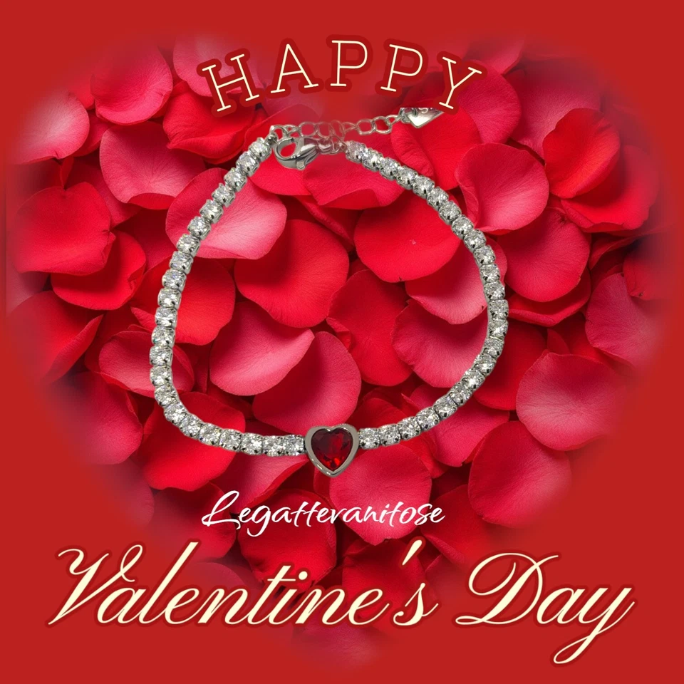 bracciale donna tennis acciaio con zirconi bianchi Cuore Rosso + box regalo rose - Immagine 2 di 4