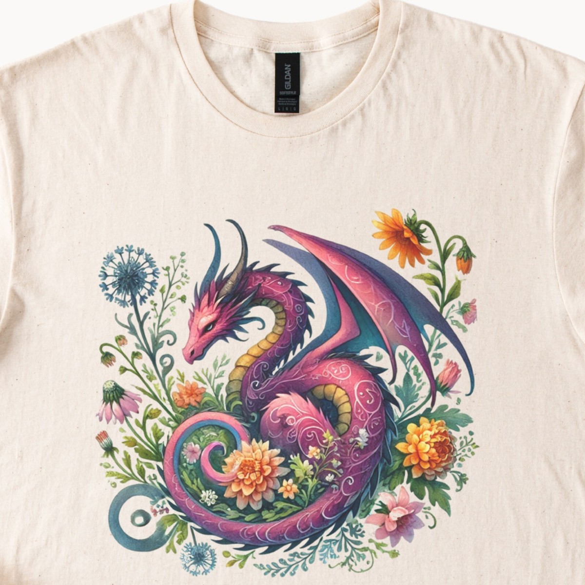 Floral Dragon Graphic T Shirt Fantasy Creature Tee Unique Design