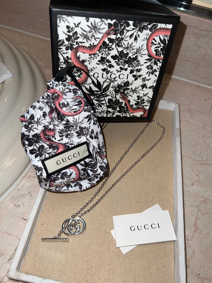 Auténtico Collar Gucci Doble G Entrelazado Barra en T Esterlina Bola Cadena GG NUEVO EN CAJA Foto 2 de 4