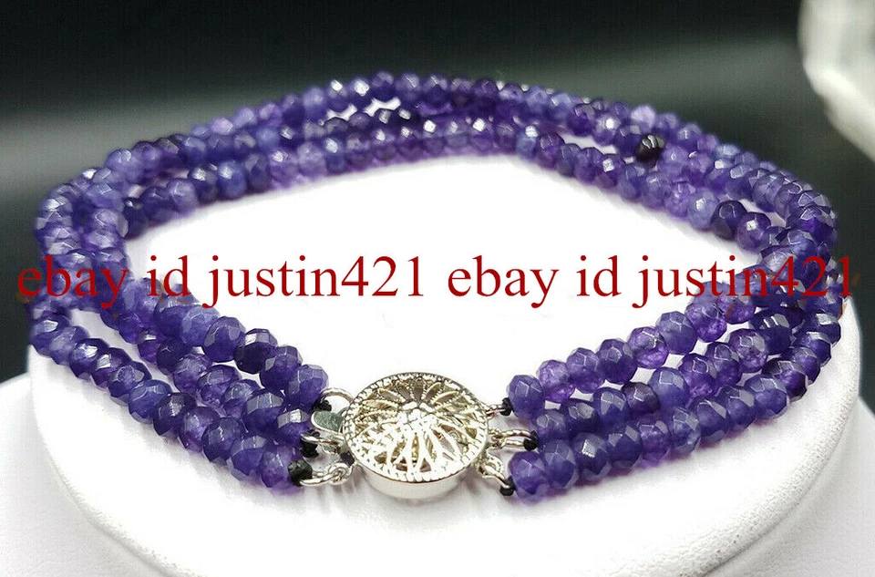 3 Rows Faceted 2x4mm Topaz/Jade/Agate Rondelle Gems Beads Bracelet 7.5'' AAA - Image 3 of 4