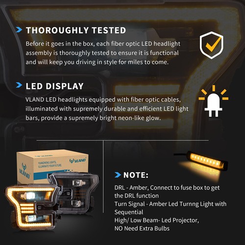 For FORD F150 XL XLT SSV 2015-2017 LED Projector Headlights Amber Running Lights - Foto 7 di 10
