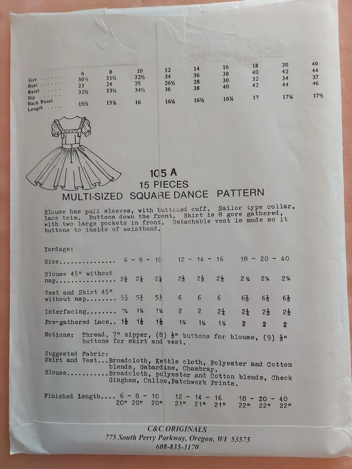 C & C Originals 105A Square Dance Skirt & Blouse Pattern Size 12-14-16  UNCUT - Image 2 of 2