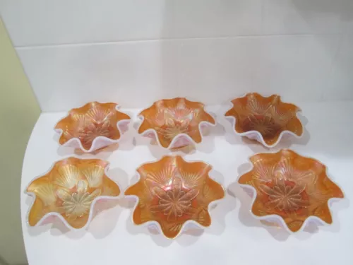 (6) VTG DUGAN DIAMOND GLASS VINTAGE FLOWERS CARNIVAL PEACH OPALESCENT BOWL 6"