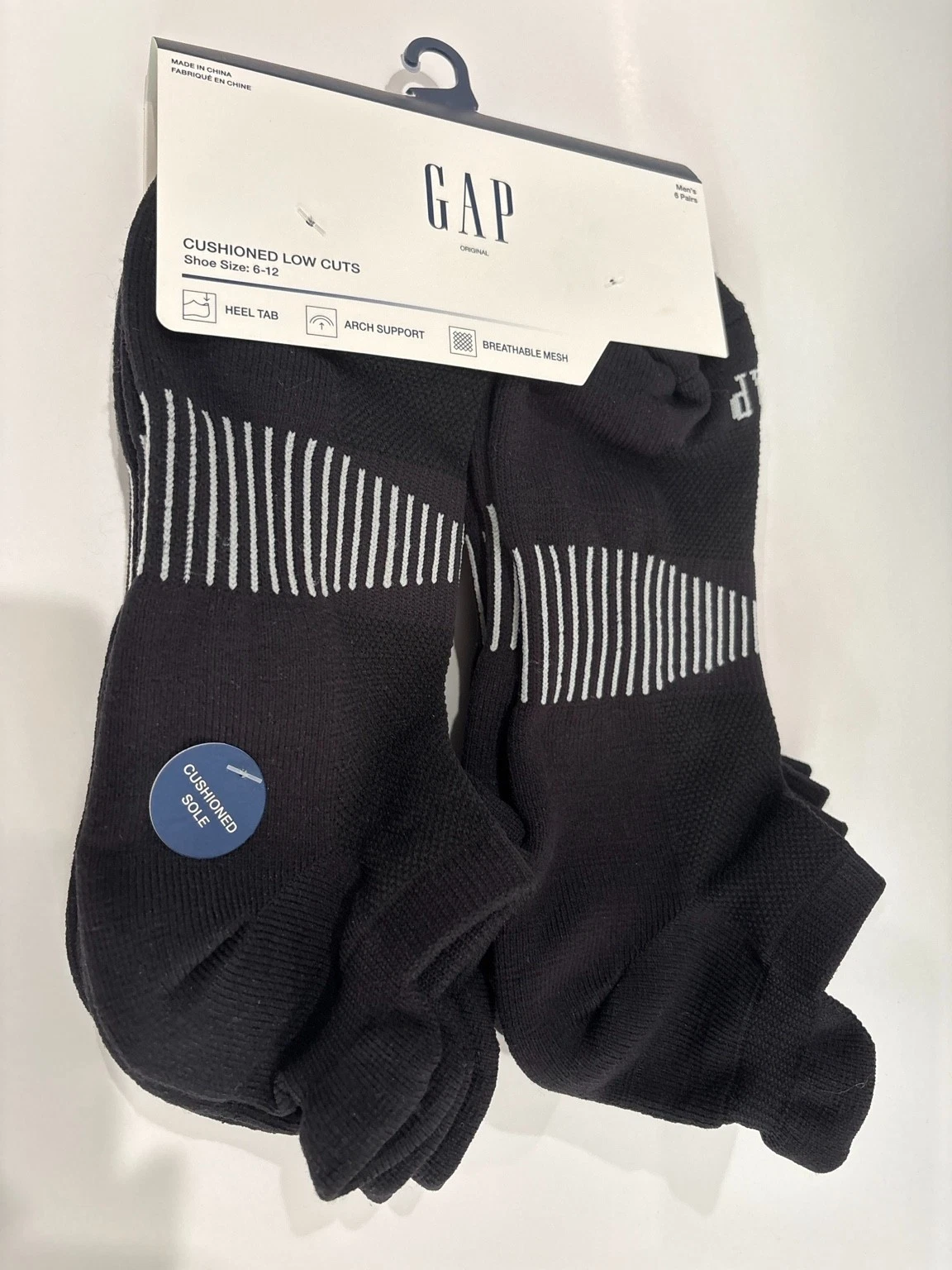 GAP Men’s Cushioned Low Cut Socks 6 Pair Black Arch Support Breathable Mesh 6-12
