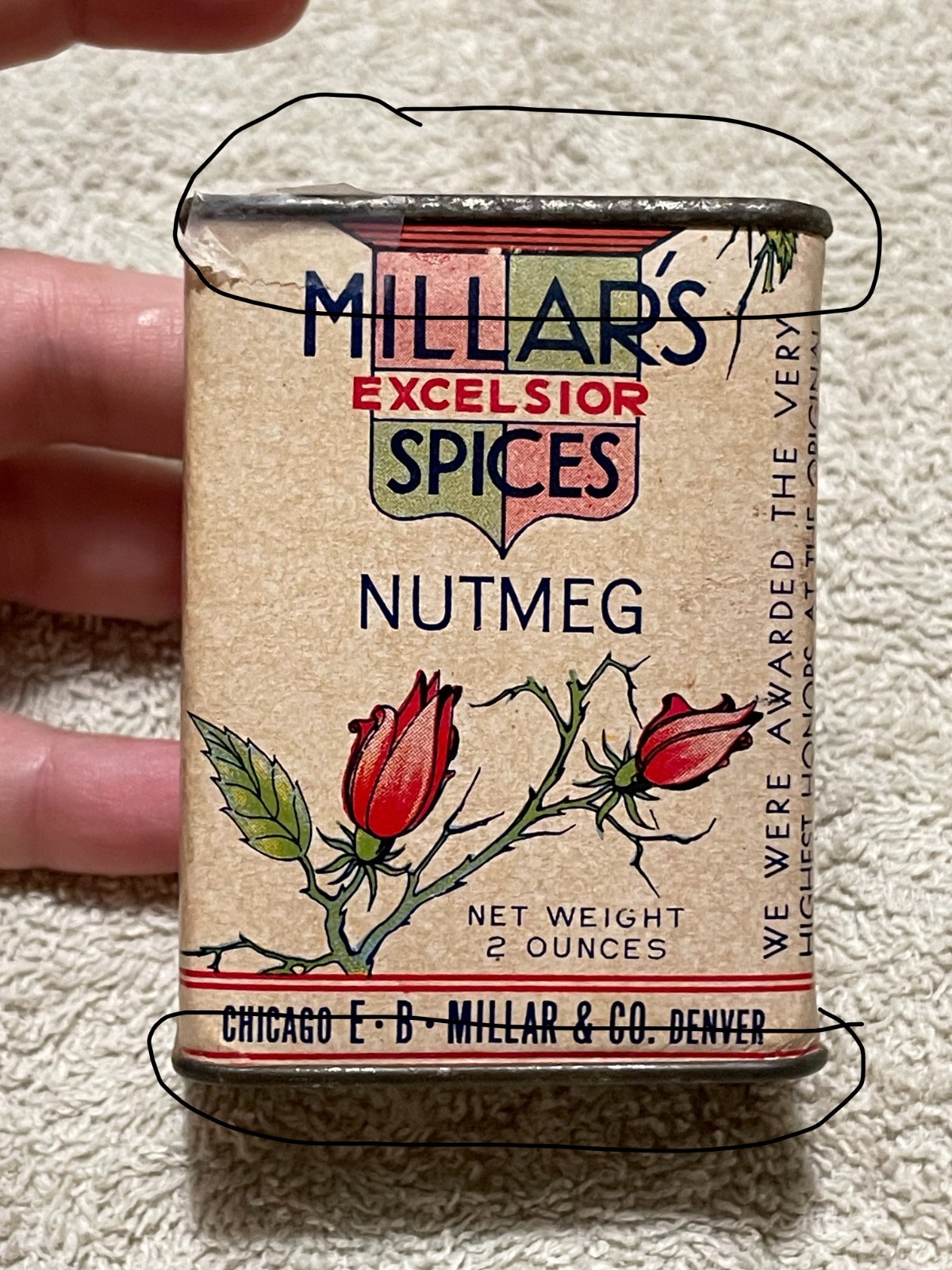 VTG Millar Spice Tin Nutmeg Paper Body Roses 2 ounces Chicago +Denver As is