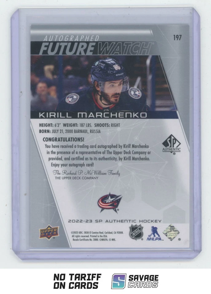 2022-23 SP Authentic Future Watch Auto Kirill Marchenko /999 #197 Columbus Blue - Image 2 of 3