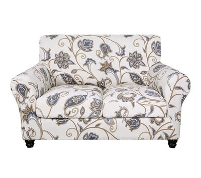 Sofa Couch Cover Slipcover FLORAL Elastic Stretch 2-Seat White Blue Farmhouse