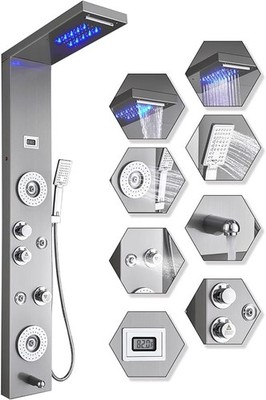 Brushed Nickel - ELLO&ALLO Shower Panel Tower System LED Waterfall Massage