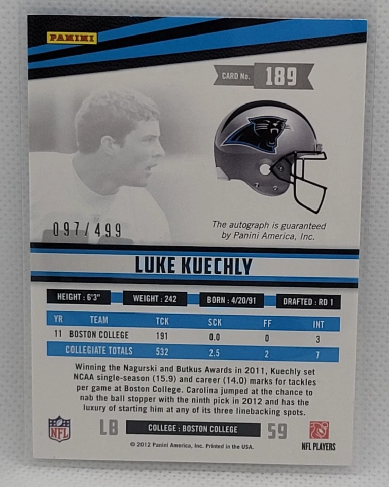 2012 Panini Rookies & Stars Luke Kuechly RC Auto #ed 097/499 Panthers - Image 2 of 2