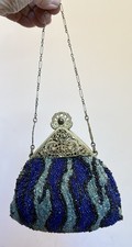 1900 Antique Beaded Purse Aqua Blue Glass Small Puffy Filigree Brass Frame Chain