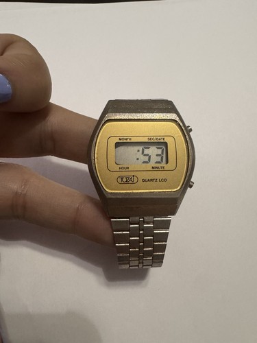 Tozai Quartz LCD Digital Day/Date Gold & Silver Wristwatch Metal Bracelet