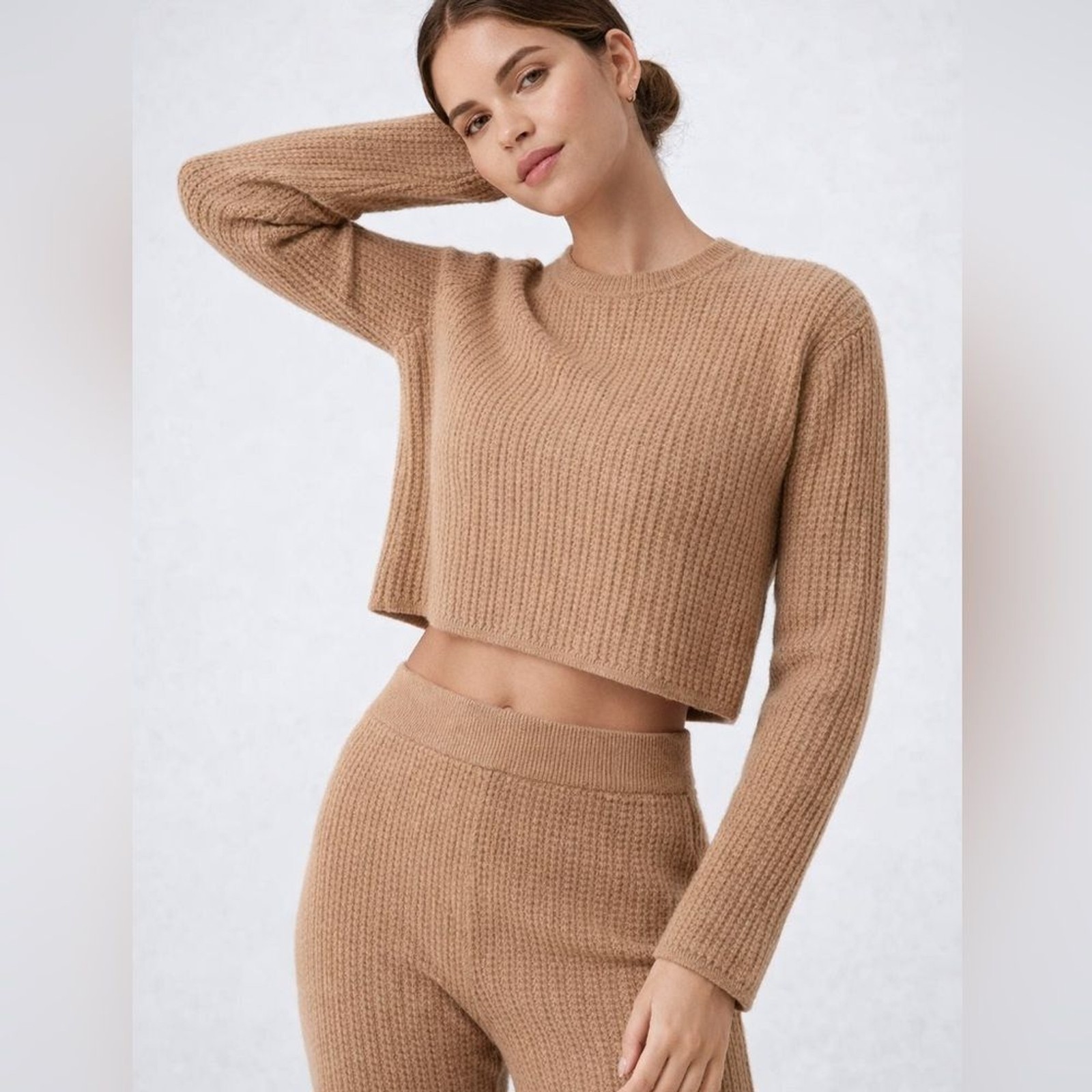 Alo Yoga Cashmere Waffle Cropped Long Sleeve Small Toasted Almond Cozy