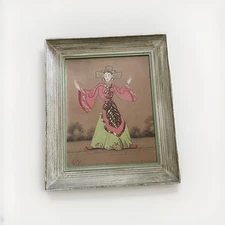 Vintage Asian Dancer Painting Framed Wall Art Oriental Thai Siamese Figure