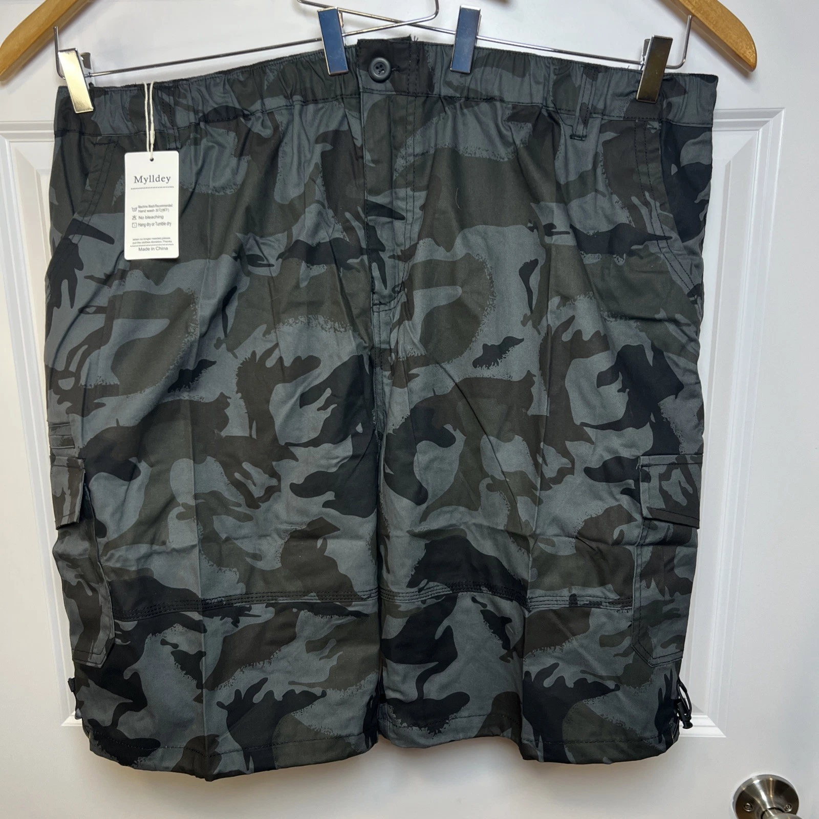 NWT Mylldey Men 4XL Cargo Shorts Dark Camo Elastic Waist Stretch Fit High Rise