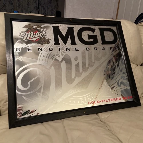 HUGE Vintage Miller Genuine Draft Mirror Cold Filtered 32.5”x25.5” Beer Sign MGD