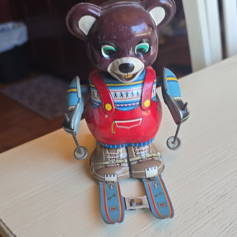 Tin Wind-Up Bear Skier Character Toy - Vintage Style Tinplate Windup Toy