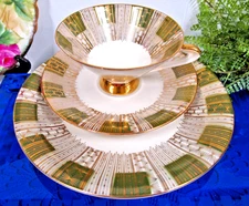 Bavaria Germany tea cup and saucer trio olive green & gold  teacup German 1950s