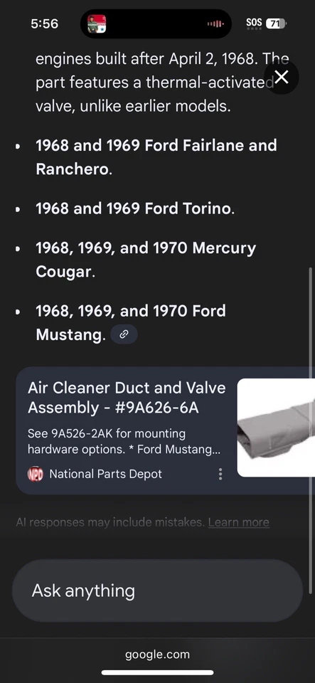 Nuevo fabricante de equipos originales Ford C8UZ9A626C purificador de aire snorkel Mustang Torino Mercury Cougar 68-70 Foto 3 de 4