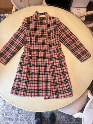 Burberry Girls Nova Check Wool Coat Size 12 Plaid Floral Lined Dress Coat