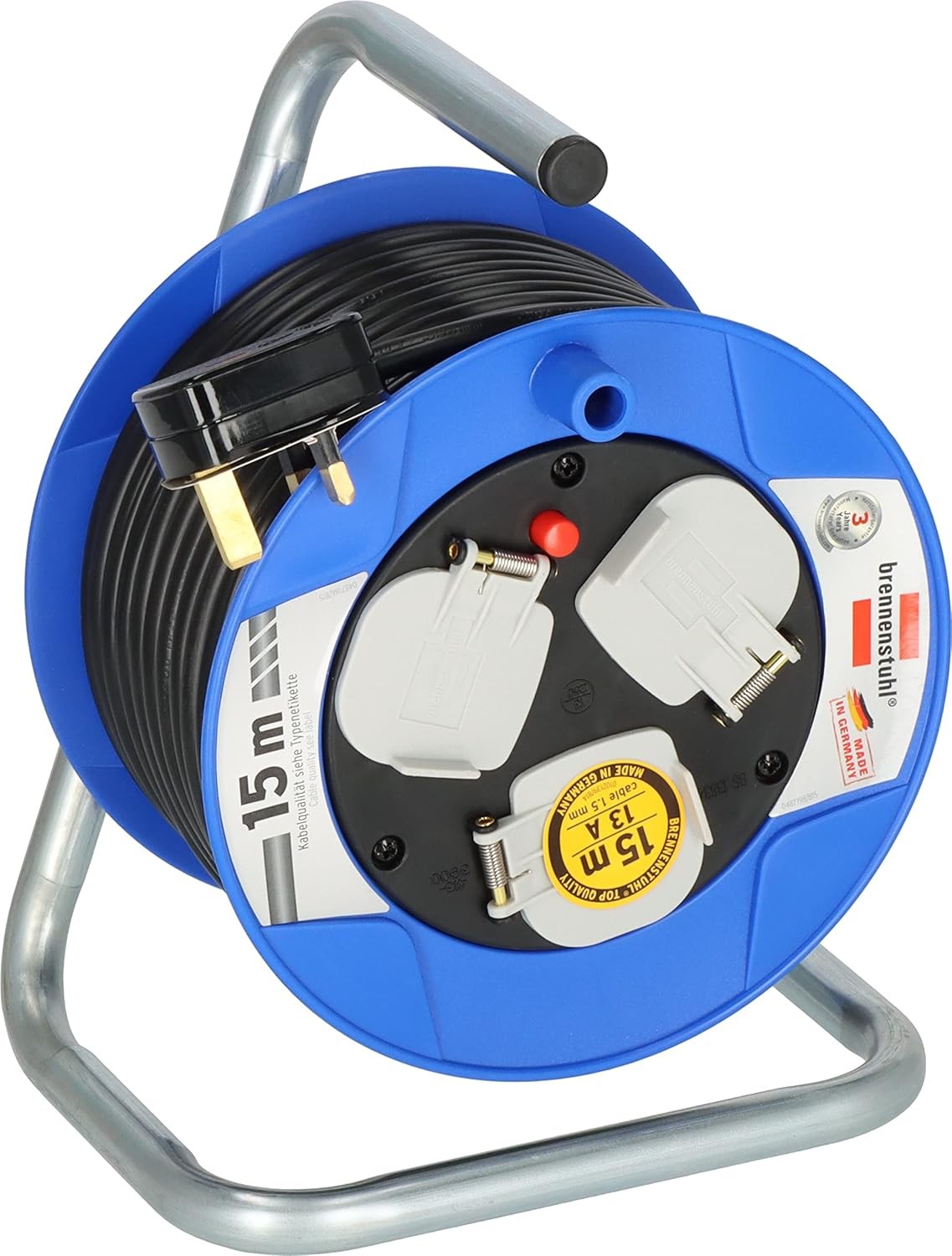 Brennenstuhl Compact 3-way socket cable reel (15m cord length, thermal cut-out